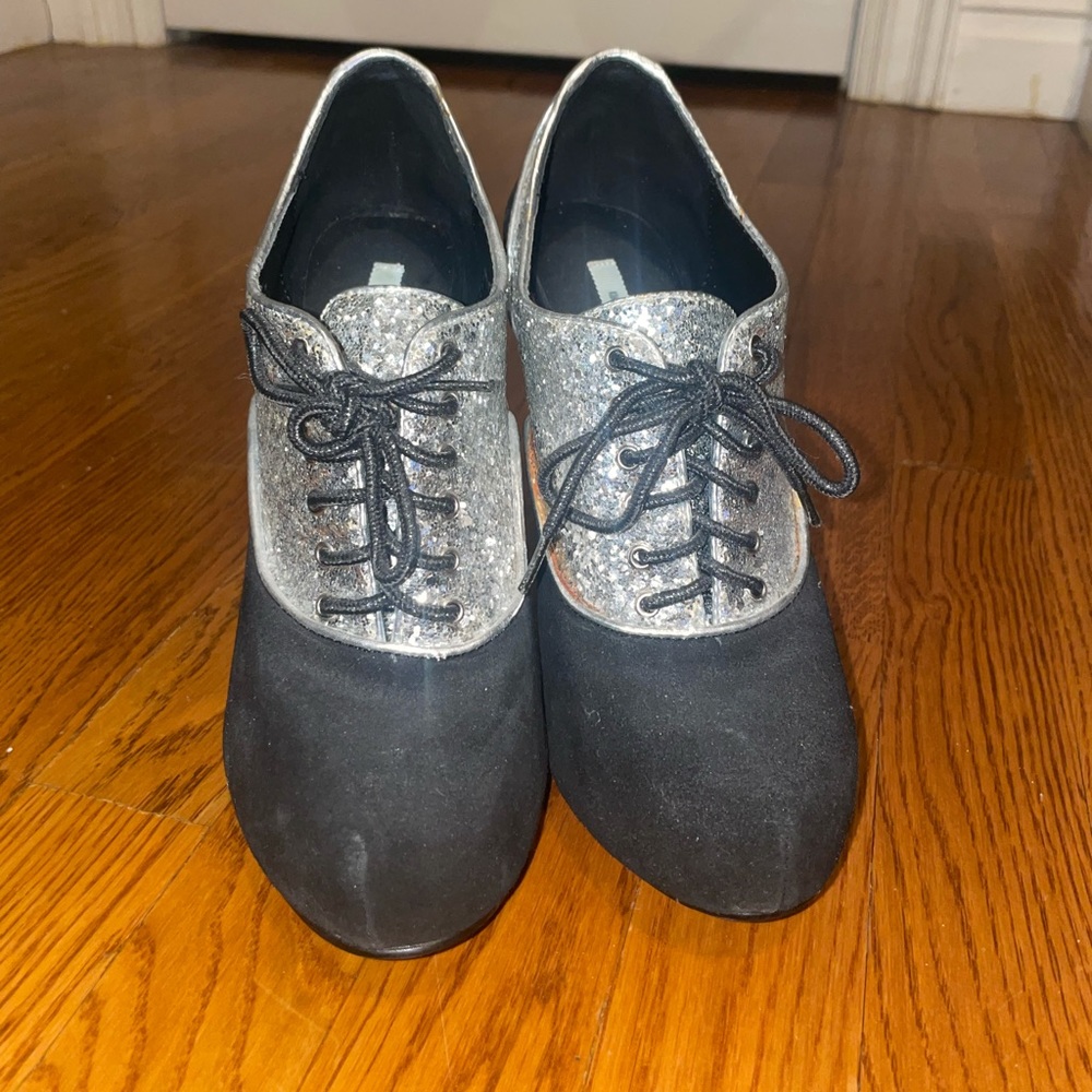 Kimchi blue suede lace up block heels with silver glitter and laces UO